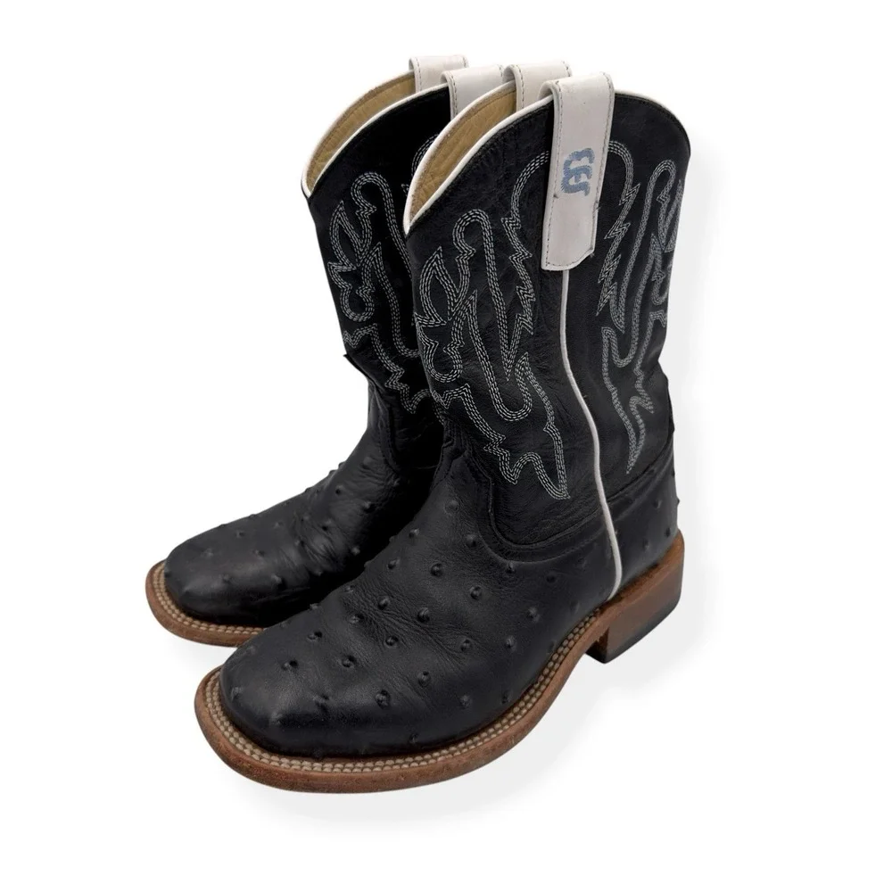 Anderson Bean Kids Leather Cowboy Boots Impostrich Size 2 Black Square Toe 3015